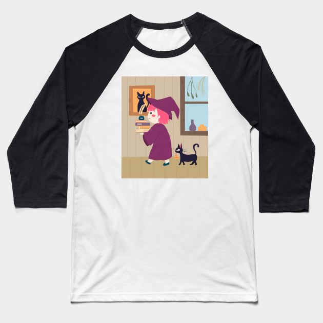 Cute Pink witch girl carrying books with cat Baseball T-Shirt by MariOyama